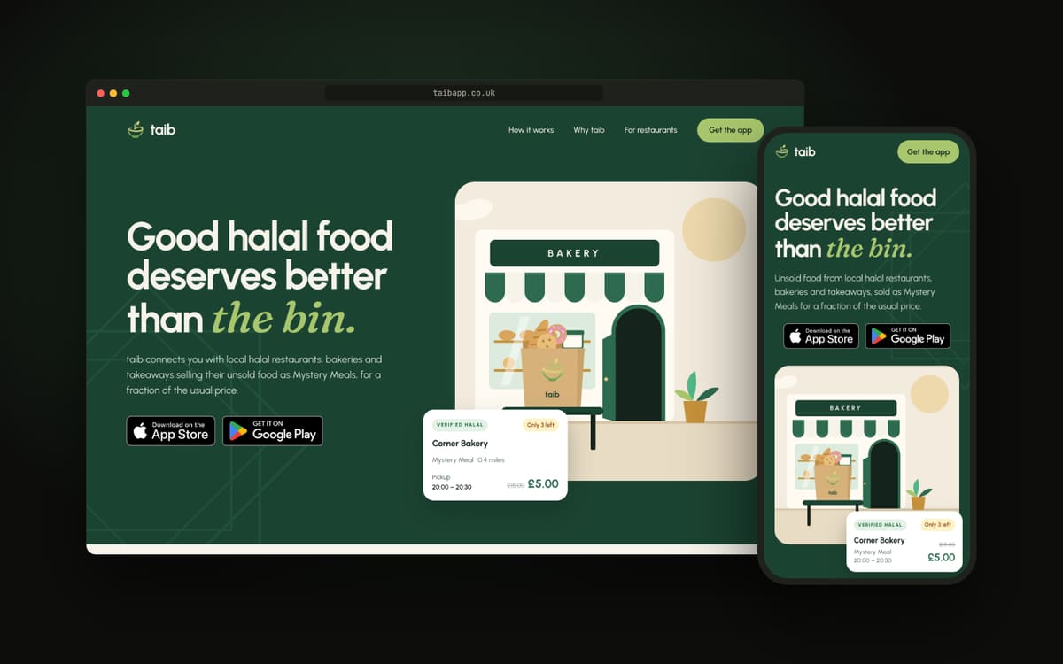 The Taib website on a desktop browser and a phone: a green page reading Good halal food deserves better than the bin, an illustrated bakery, and a Mystery Meal card reduced from £15 to £5.